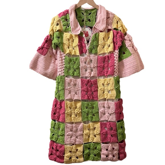 CeliaB Dress Celia B Folke Crochet Patchwork Granny Square Mini Sz S‎ - Picture 2 of 8